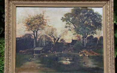 École du XIXe siècle. Paysage de ferme. Huile sur toile. Dimensions: 54 x 71 cm....