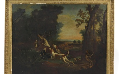 École du XVIIIeme suiveur de Alexandre-François DESPORTES (1661-1743) Cerf attaqué par les chiens dans l’étang...