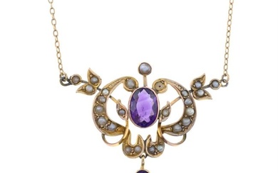 Edwardian 9ct gold amethyst & split pearl pendant necklace