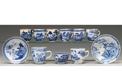 Eleven Chinese blue and white export porcelain coffee and ot...