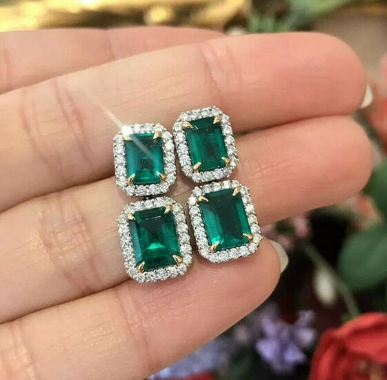 Emerald & Diamond Drop Earrings in 18k White Gold