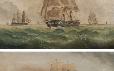 English School Late 19th Century A man-o-war and other shipping in choppy waters; Men-o-war in...