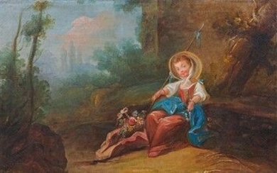 Entourage de François COTTIBER (actif au XVIIIe siècle) Une jeune fille assise dans un paysage...