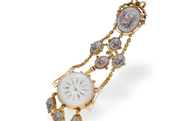 Extremely rare form watch with chatelaine, gold/enamel/rock crystal, museum quality, Paris 1850