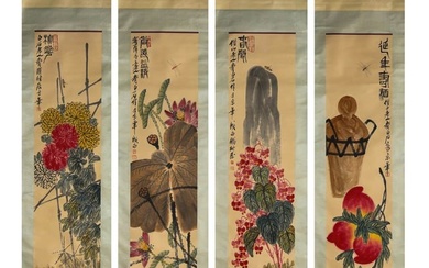 FLOWERS AND BIRDS, INK AND COLOR ON PAPER, HANGING SCROLL, SET OF FOUR, QI BAISHI