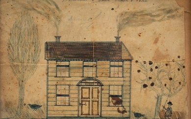 FOLK ART WATERCOLOR DRAWING OF A HOUSE.