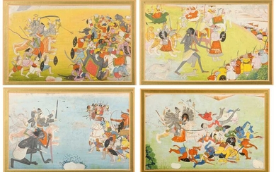 FOUR ILLUSTRATIONS FROM A DEVI MAHATMYA SERIES Pahari Provincial School, Pahari Hills, North India, late 19th century