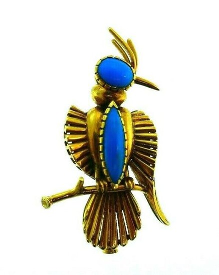 FRENCH 18k Yellow Gold & Turquoise Bird Brooch Vintage
