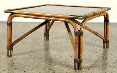 FRENCH BAMBOO BRASS TABLE BLACK GLASS TOP C.1950
