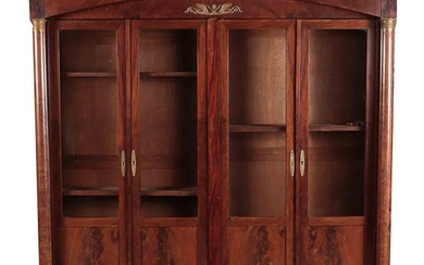 FRENCH EMPIRE STYLE CROTCH MAHOGANY FOUR DOOR BOOKCASE WITH ROUND...
