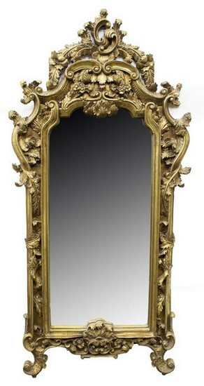 FRENCH HEAVILY CARVED GILTWOOD WALL MIRROR, 65"H