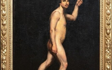 FULL LENGTH PORTRAIT OF A NUDE MAN OIL PAINTING