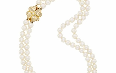 Faraone Double Strand Cultured Pearl Necklace with Gold and Diamond Flower Clasp