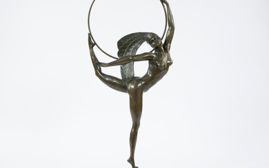 Fine Art Deco bronze sculpture of a hoop dancer with feathered head dress by the French artist J.P. Morante, posthumous cast