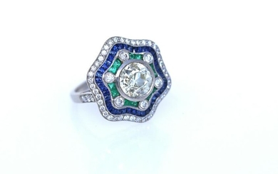 Fine Platinum Diamond ring with Emeralds & Sapphires.