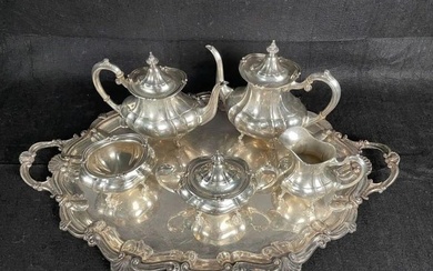 Fisher Sterling Silver Five Piece Tea Set on a Sheffield Silver Plated Tray. Sterling Silver Tea