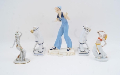 Five Continental porcelain figures, 20th century, to include a Weiss Kuhnert & Co. Grafenthal figure of an exotic dancer, printed and incised marks and press number to underside, 17cm high, an Art Deco style figure of a female dancer decorated with...