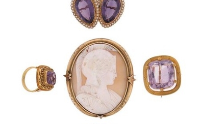 Five jewellery items, including a 19th century amethyst and seed...