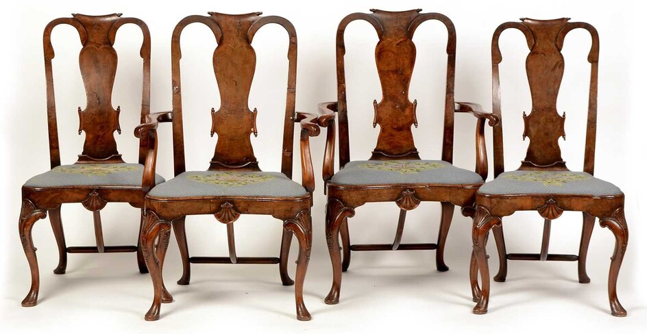 Four 19th Century Queen Anne style walnut and crossbanded dining chairs