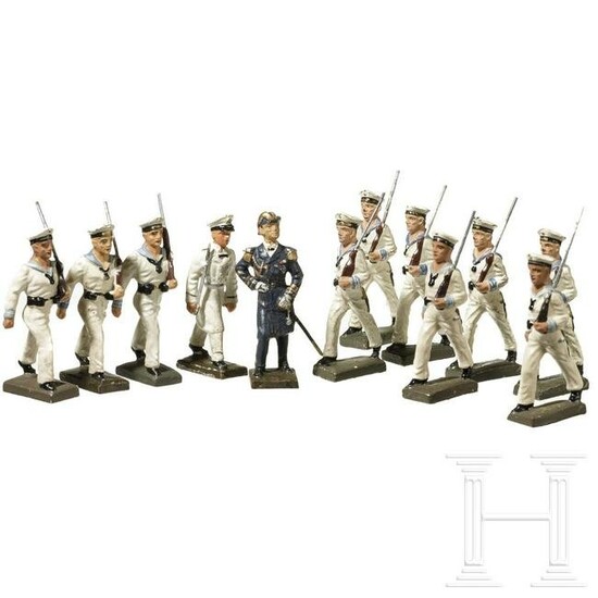 Twelve Lineol navy soldiers marching, in white uniform
