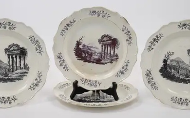 Four Wedgwood creamware plates, c.1770-80, impressed marks, each transfer-print decorated with a...
