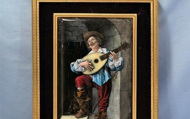 French Limoges Enamel Plaque Of Musketeer Playing