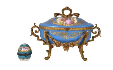 French Sevres Style Porcelain Jewelry Box & Perfume Egg - A porcelain jewelry box with scenes of a
