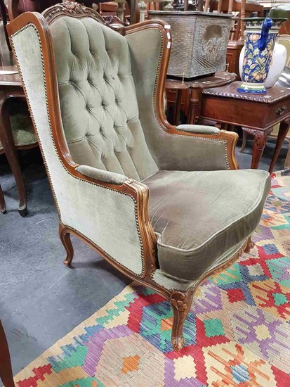 French Style Wing Back Armchair with Buttoned Upholstery