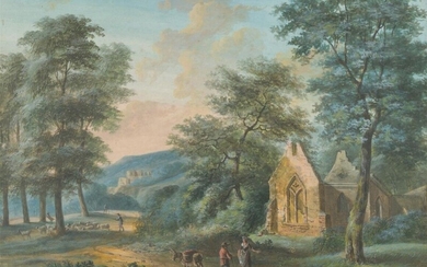 French school of the early 19th century Peasants in front of a gothic ruin Gouache. 36 x 53 cm