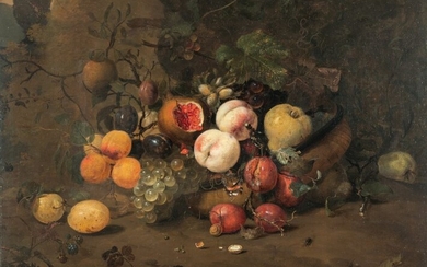 Fruit still life with grapes, apricots, plums, pomegranate, a snail, a butterfly and a beetle