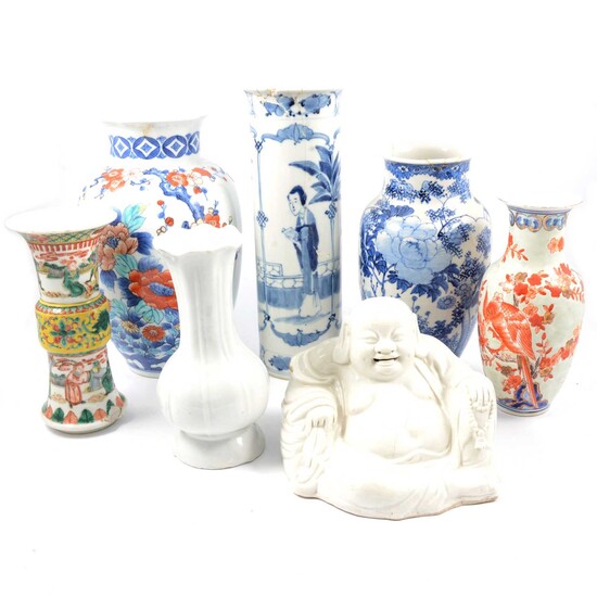Fugian inspired model of Hoti, and six oriental vases