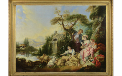 GADBOIS LOUIS / NAAR olieverfschilderij op doek met een typisch arcadisch tafereel in achttiende eeuwse stijl : "Familie in park" - 110 x 150 getekend / toegeschreven aan - school van||"L. Gadbois" oil on canvas with an 18th Cent. style scene - signed...