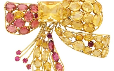 Gold, Citrine, and Pink Tourmaline Bow Brooch