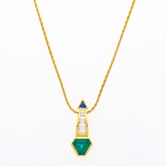 Gold, Emerald, Sapphire and Diamond Pendant with Chain Necklace