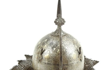 Good 19th C. Mughal Indian or Persian KHULA-KHUD Helmet with Etched Inscriptions & Decorations