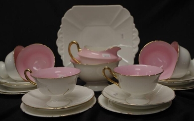 Good Shelley teaset pink decoration to interior of white...