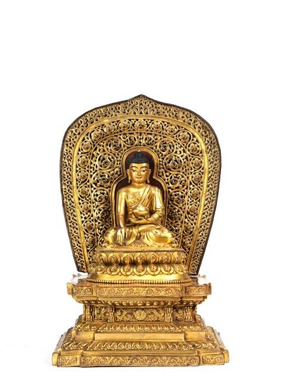 Gorgeous Gilt Bronze Figure of Shakyamuni on Throne