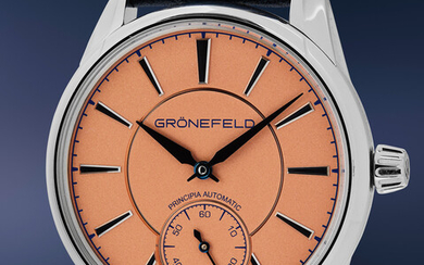 Grönefeld, A very fine and attractive stainless steel wristwatch with salmon dial, warranty, original invoice, and presentation box