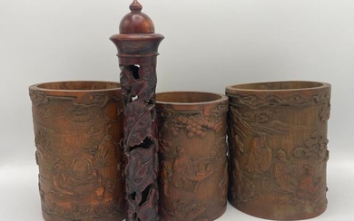 Group of 3 carved bamboo brush pots and carved wood piece