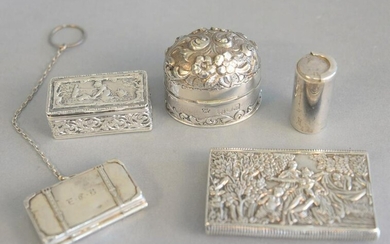 Group of five silver boxes, Tiffany sterling coin case