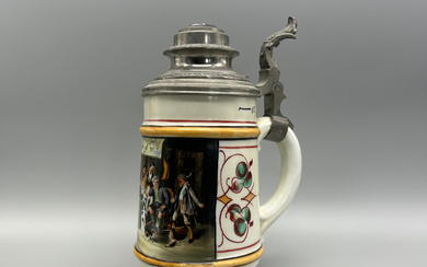 HAND PAINTED JUG WITH TIN LID AND LITHOPHANE - EARLY 20TH CENTURY.
