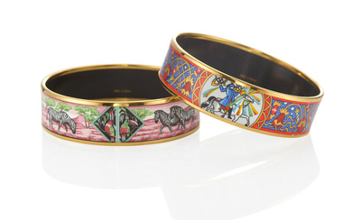 HERMÈS: TWO GOLD-PLATED AND ENAMEL BANGLES