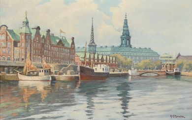 SOLD. Hans Kruuse: View towards The Old Stock Exchange and Christiansborg Palace. Signed H. Kruuse. Oil on canvas. 40 x 61 cm. – Bruun Rasmussen Auctioneers of Fine Art