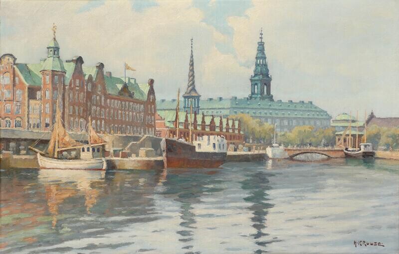 SOLD. Hans Kruuse: View towards The Old Stock Exchange and Christiansborg Palace. Signed H. Kruuse. Oil on canvas. 40 x 61 cm. – Bruun Rasmussen Auctioneers of Fine Art
