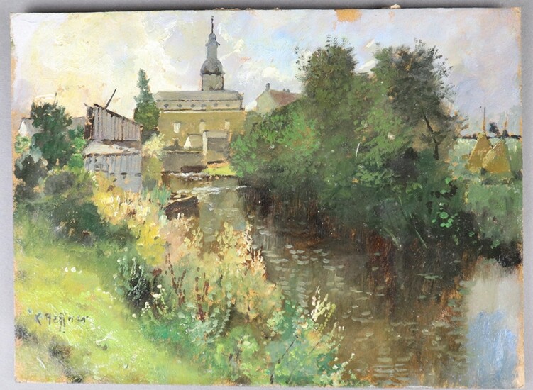 Heffner, Karl (1849 Würzburg - München 1925) - Flusslandschaft mit Dorfansicht, Öl auf Karton, unte