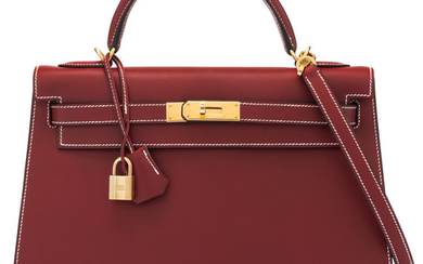 Hermès 32cm Rouge H Calf Box Kelly with Gold...