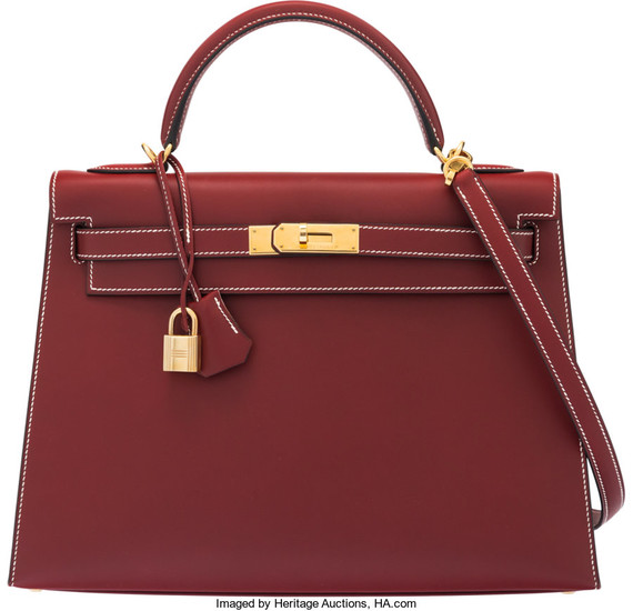 Hermès 32cm Rouge H Calf Box Kelly with Gold...
