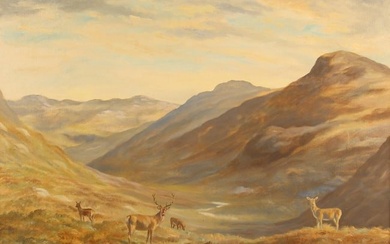 Highland Stag Family of Deer Glen Dhu Sutherland Scotland signed British oil Mid 19th Century