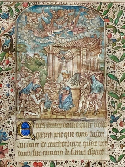 Illuminated Manuscript Leaf with miniature of the Birth of Jesus from a French Book of Hours