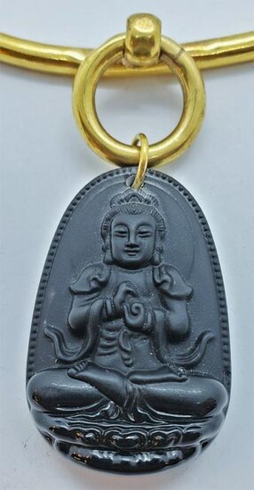 Italian Carved Stone Buddha w/24kt Gold PLT/ Leather